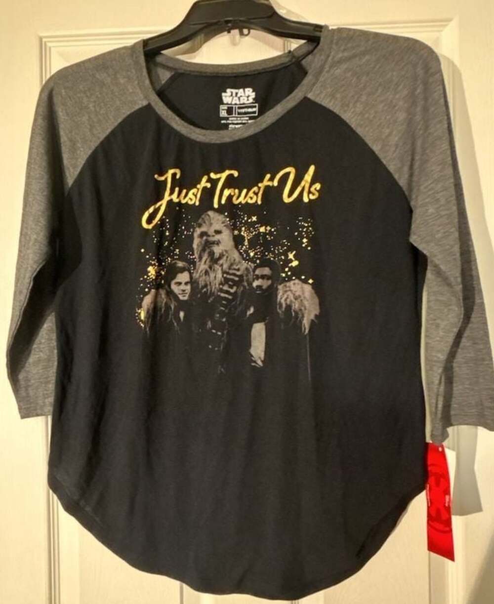 Star Wars Just Trust Us Graphic Black & Gray 3/4 Sleeve Raglan T-Shirt XL Fifth